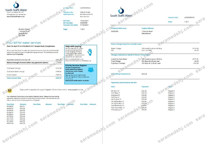 United Kingdom South Staffs Water utility bill template in Word and PDF format, 2 pages